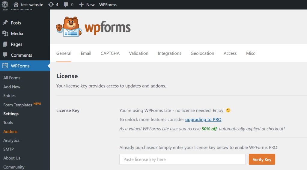 menu aktivasi di halaman pengaturan WPForms