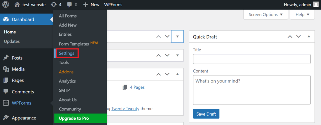 menu pengaturan WPForms di sidebar WordPress