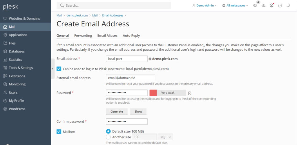 area untuk membuat email berbasis domain di plesk