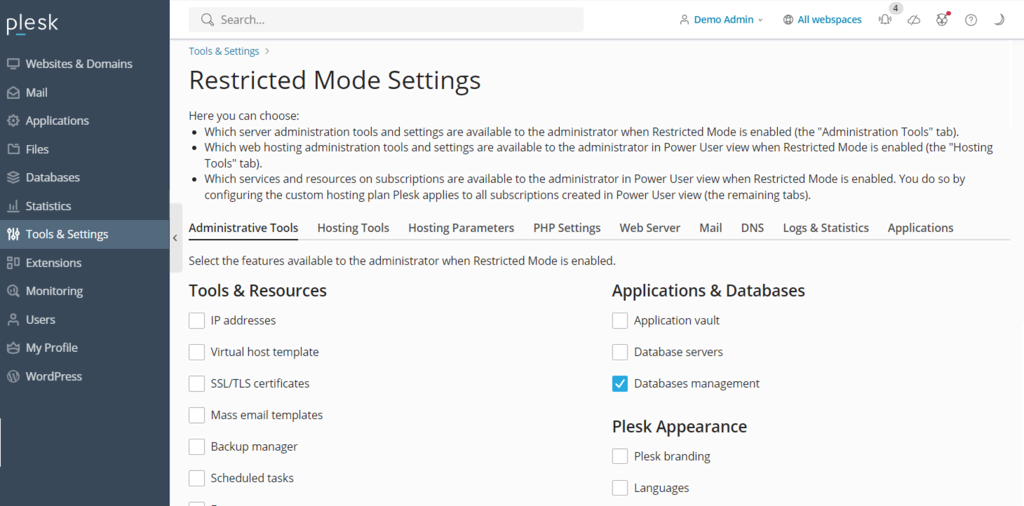 halaman konfigurasi Restricted Mode Settings di Plesk
