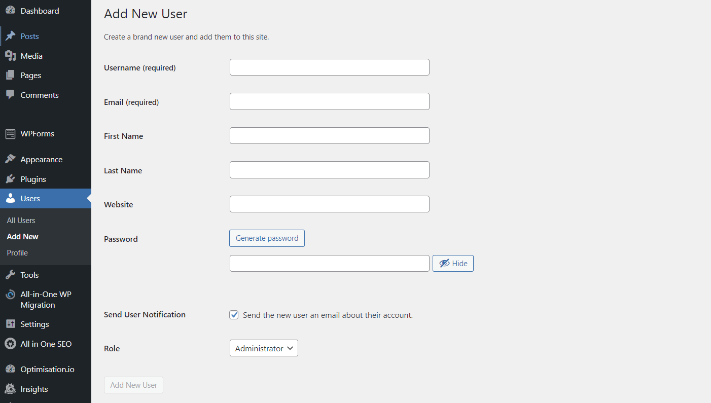 menambahkan user baru dan menetapkan peran admin dari dashboard wordpress